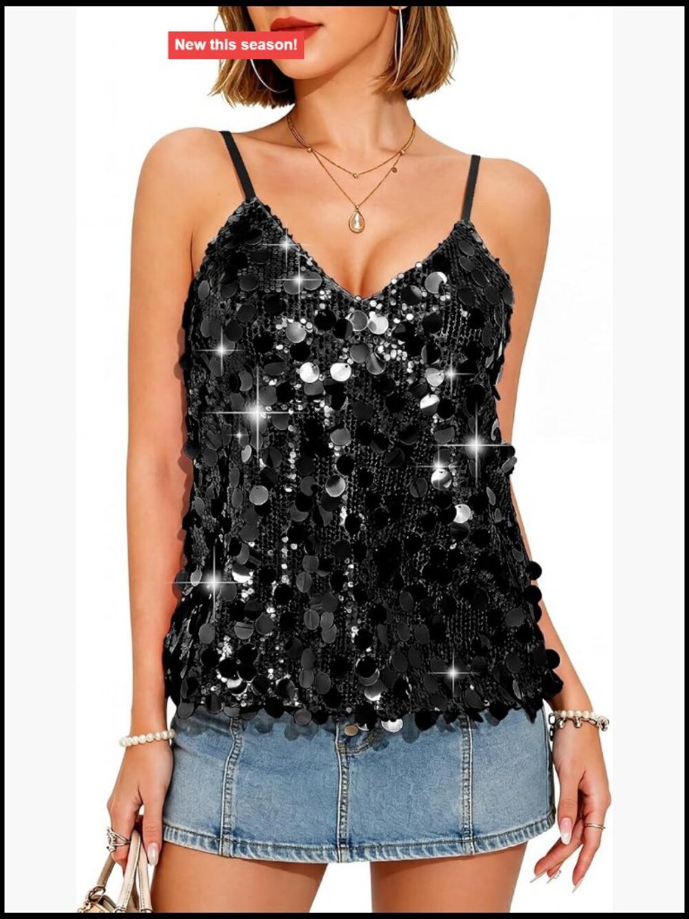 Sequin Cami Tank Top Women Sparkly Strappy V-Neck Glitter Party Top Sleeveless